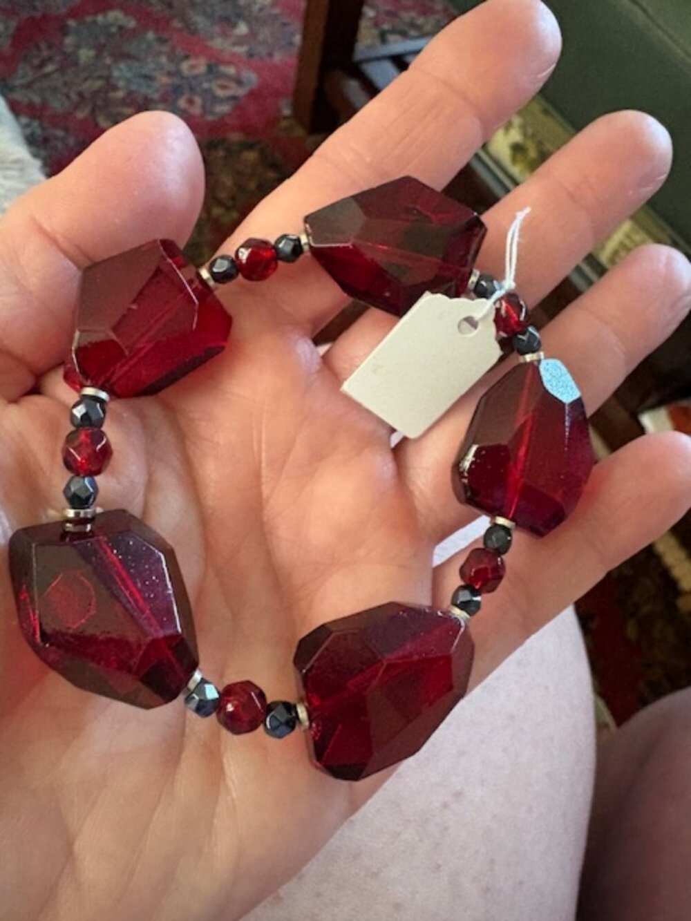 Striking Vintage Bold Czech Glass and Hematite Bead Red Burgundy Bracelet